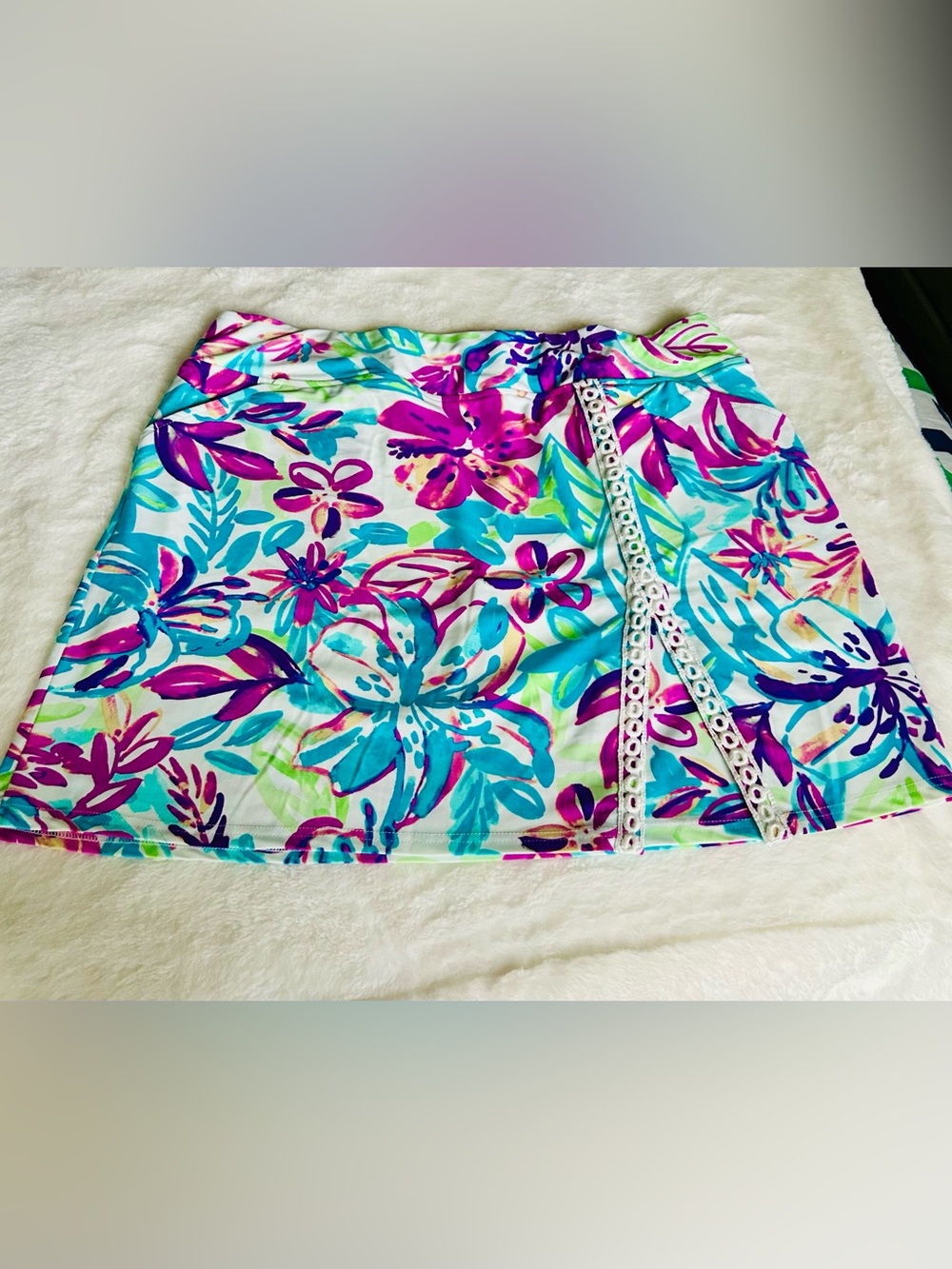 Floral Lace-Trim A-Line Skirt in Teal & Magenta Xl